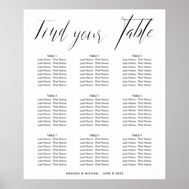 Elegant Calligraphy Bröllop Seating Bord Chart Poster (Framsidan)