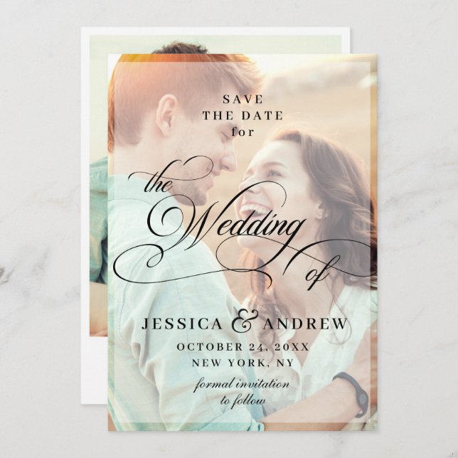 Elegant Calligraphy Bröllop spara datum 2 PHOTO Spara Datumet (Fram/baksida)