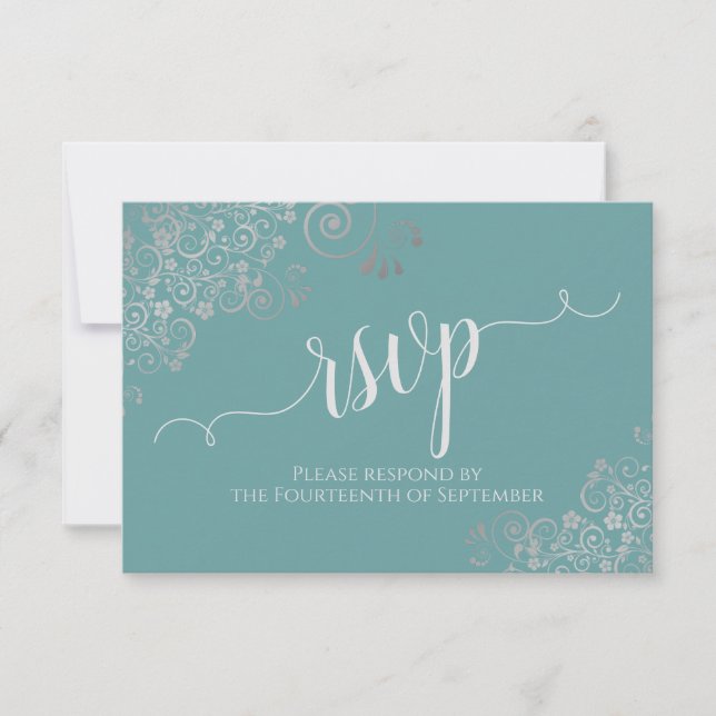 Elegant Calligraphy Bröllop, Teal & Silver Frills OSA Kort (Framsida)