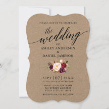 Elegant Calligraphy Burgundy Blommigt Kraft Bröllo