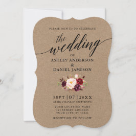 Elegant Calligraphy Burgundy Blommigt Kraft Bröllo Inbjudningar