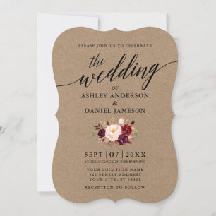 Elegant Calligraphy Burgundy Blommigt Kraft Bröllo Inbjudningar