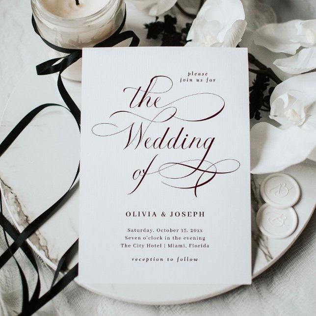 Elegant Calligraphy | Burgundy Bröllop Inbjudningar (An elegant wedding invitation with dark burgundy calligraphy)