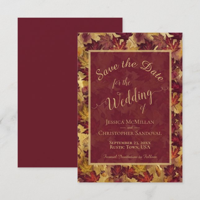 Elegant Calligraphy Burgundy & Gold Leaves Wedding Spara Datumet (Fram/baksida)