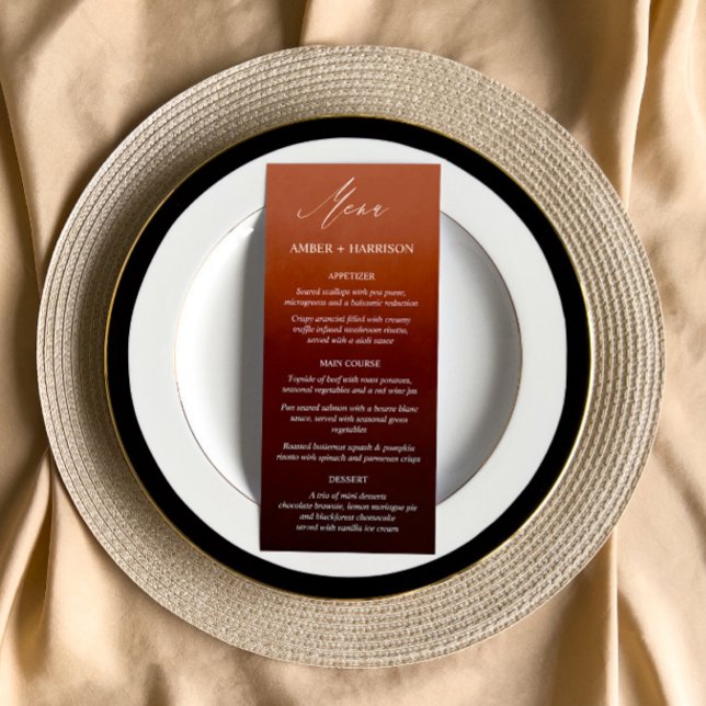 Elegant Calligraphy Burnt Orange Ombre Bröllop Meny (Skapare uppladdad)