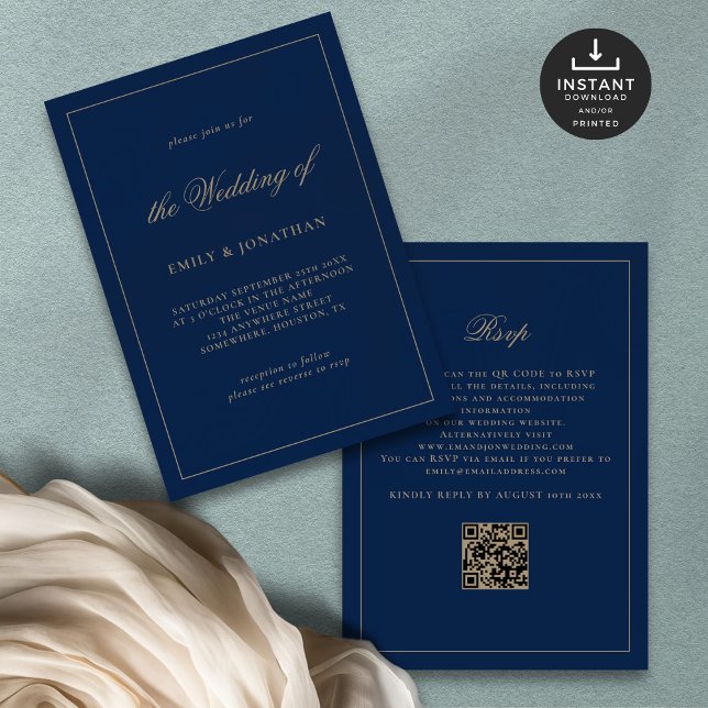 Elegant Calligraphy Champagne Guld Navy Bröllop Inbjudningar (Front and back view)