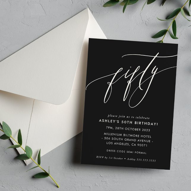 ELEGANT Calligraphy-chic 50 födelsedagssvartvitt Inbjudningar (Skapare uppladdad)