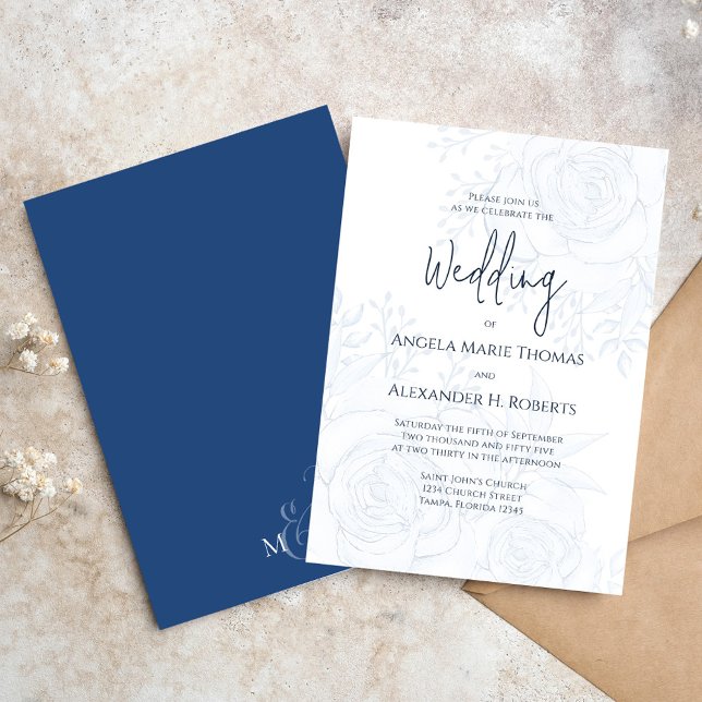 Elegant Calligraphy Classic Blue Blommigt Simple Inbjudningar (Wedding invitation with elegant floral foliage design)