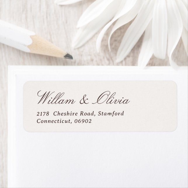 Elegant Calligraphy Cream and Brown Wedding Returadress Etikett (Insitu)