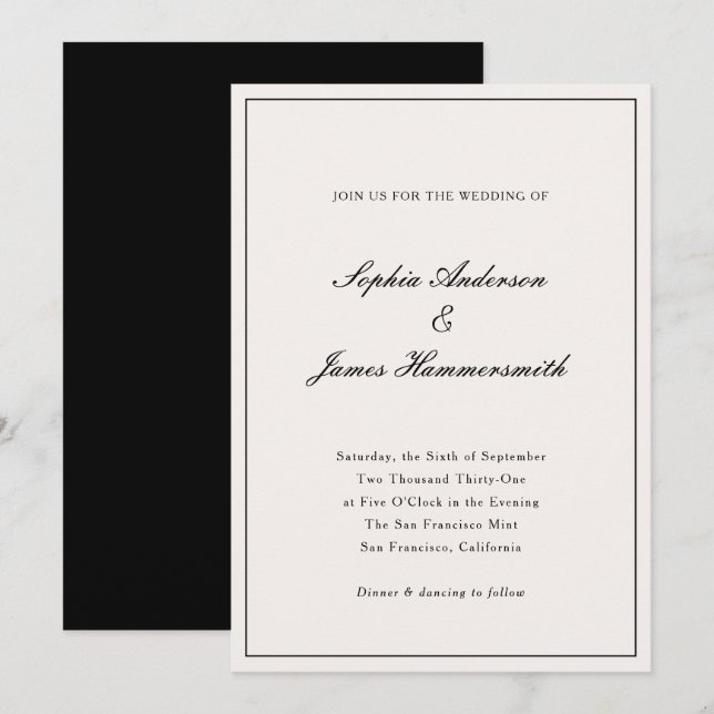 Elegant Calligraphy Cream White Black Bröllop Inbjudningar (Fram/baksida)