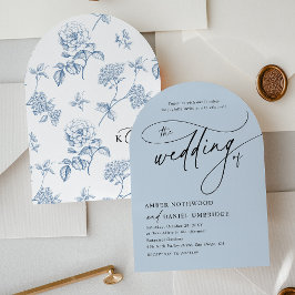 Elegant Calligraphy Dusty Blue Arch Bröllop Inbjudningar