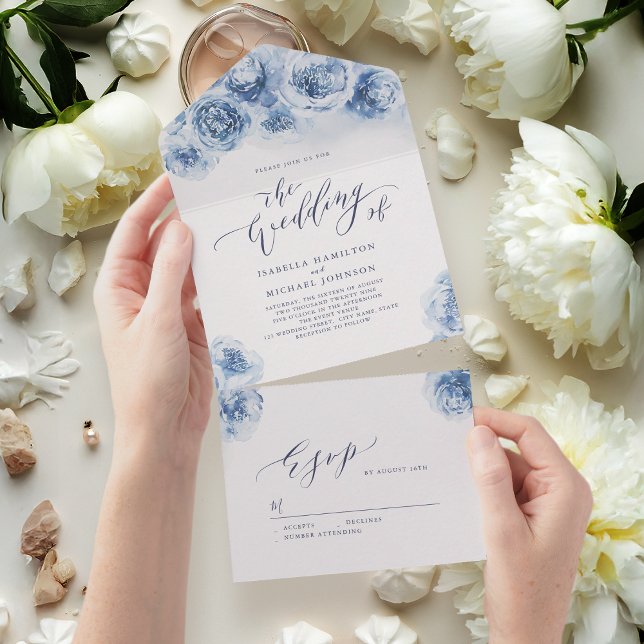 Elegant calligraphy dusty Blue blommigt bröllop (Elegant calligraphy dusty blue floral wedding all in one invitation)