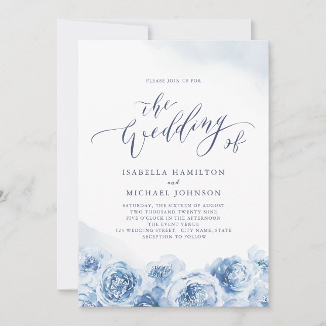 Elegant calligraphy dusty Blue blommigt bröllop Inbjudningar (Framsida)