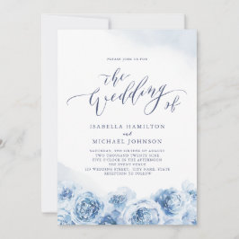 Elegant calligraphy dusty Blue blommigt bröllop Inbjudningar
