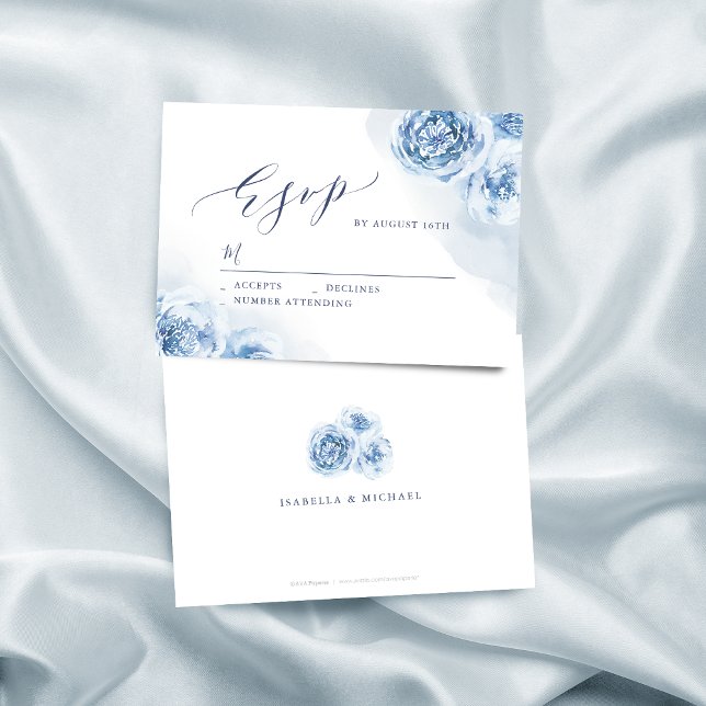 Elegant calligraphy dusty Blue blommigt bröllop OSA Kort (Elegant calligraphy dusty blue floral wedding RSVP card)