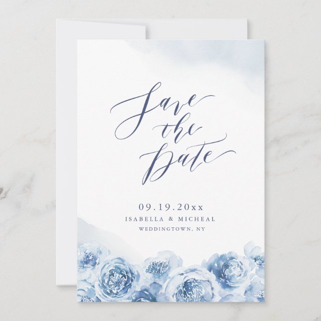 Elegant calligraphy dusty Blue blommigt bröllop Spara Datumet (Framsida)