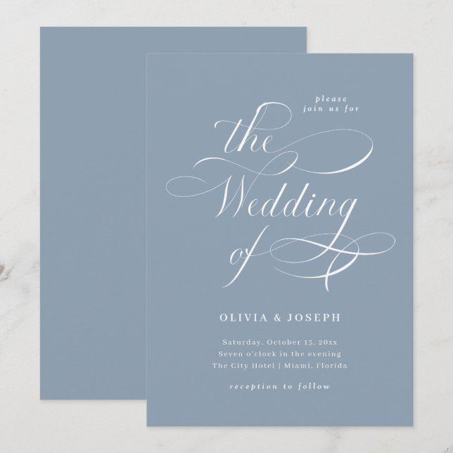 Elegant Calligraphy | Dusty Blue Bröllop Inbjudningar (Fram/baksida)