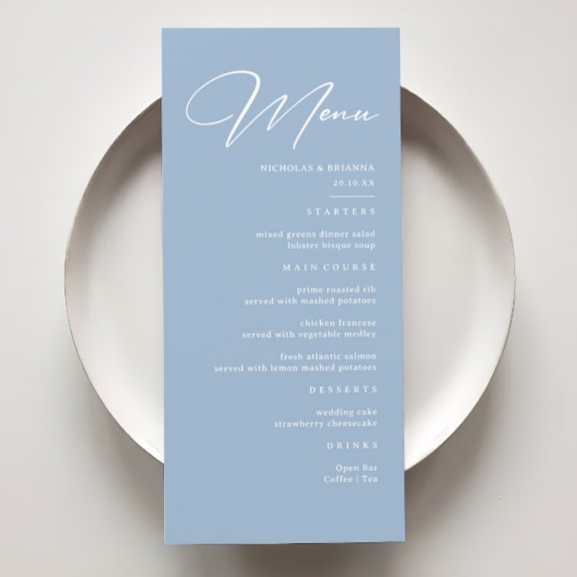 Elegant Calligraphy Dusty Blue Bröllop Meny (Skapare uppladdad)