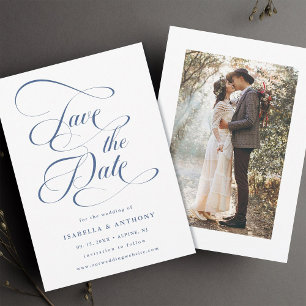 Elegant Calligraphy Dusty Blue Bröllop Photo Spara Datumet