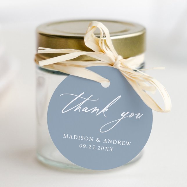 Elegant Calligraphy Dusty Blue Bröllop Tack Gåvor Etiketter (Skapare uppladdad)