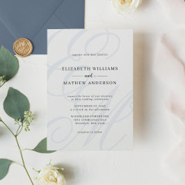 Elegant Calligraphy Dusty Blue Monogram Bröllop Inbjudningar