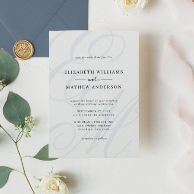 Elegant Calligraphy Dusty Blue Monogram Bröllop Inbjudningar (Skapare uppladdad)