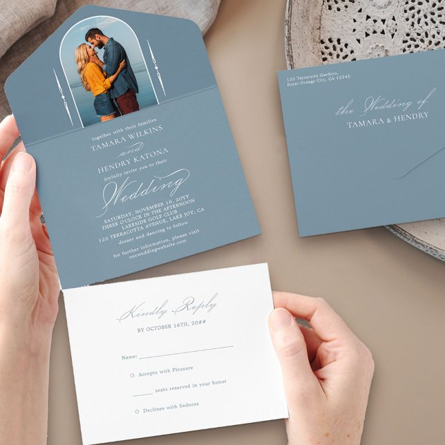 Elegant Calligraphy Dusty Blue Photo OSA Bröllop (Skapare uppladdad)