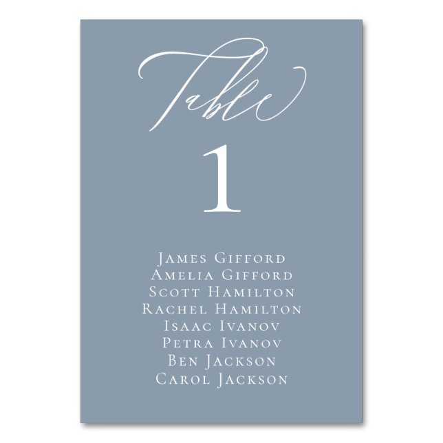 Elegant Calligraphy Dusty Blue Seating Bord Card Bordsnummer (Framsidan)