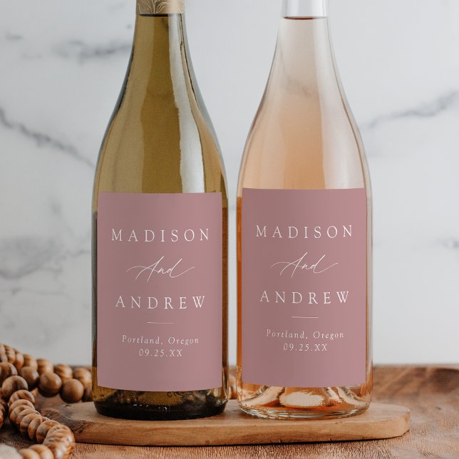 Elegant Calligraphy Dusty Ro Bröllop Vinflaska Etikett (Skapare uppladdad)