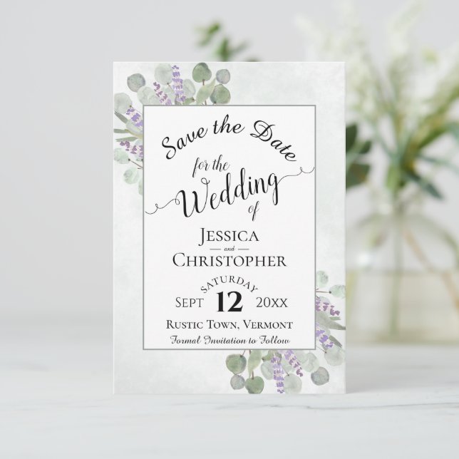 Elegant Calligraphy Eucalyptus & Lavender Bröllop Spara Datumet (Stående Fram)