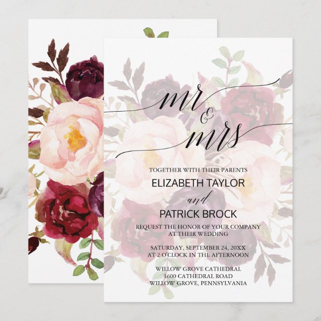 Elegant Calligraphy Faded Blommigt Mr & Mrs Bröllo Inbjudningar (Fram/baksida)