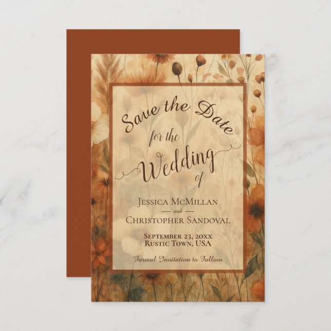 Elegant Calligraphy Fall Boho Wildflowers Wedding Spara Datumet (Fram/baksida)