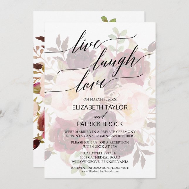 Elegant Calligraphy | Fäst Blommigt Live Laugh Kär Inbjudningar (Fram/baksida)