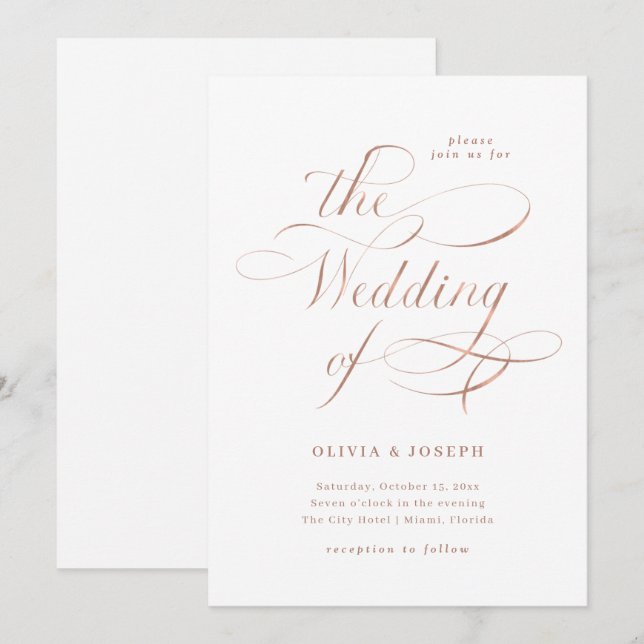 Elegant Calligraphy | Faux Ro Guld Bröllop Inbjudningar (Fram/baksida)