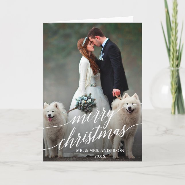 Elegant Calligraphy God jul Bröllop Photo Helgkort (Framsida)