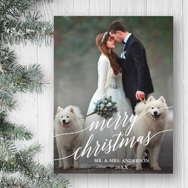 Elegant Calligraphy God jul Bröllop Photo Vykort (Customize to change your personalized text size or text style.)