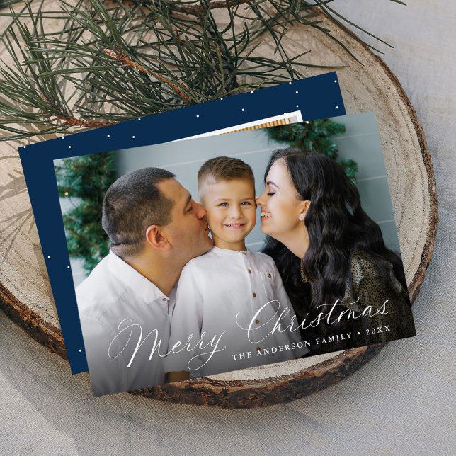 Elegant Calligraphy God jul Navy 2 Photo Julkort (Skapare uppladdad)