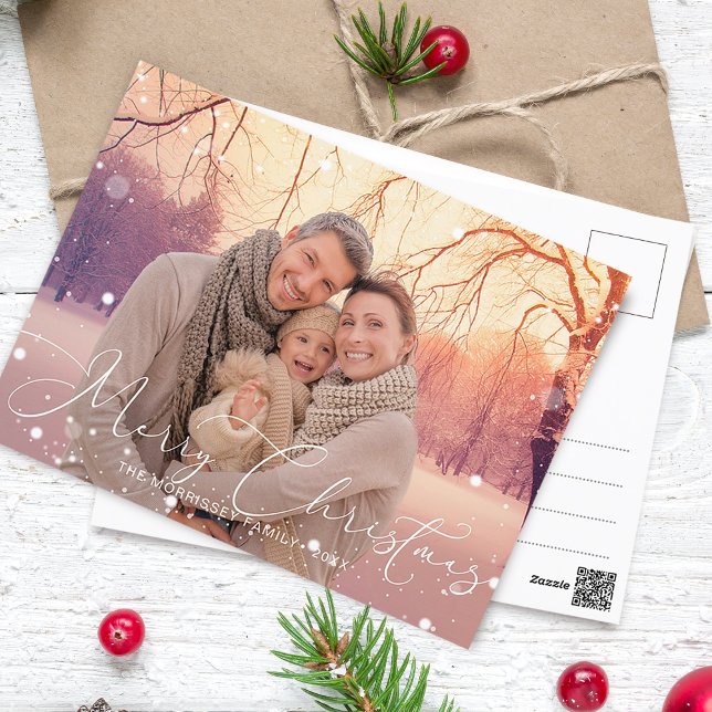 Elegant Calligraphy God jul Snöflingor Helg Vykort (Elegant Calligraphy Merry Christmas Snowflakes Holiday Postcard)