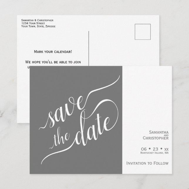 Elegant Calligraphy Grått Bröllop spara datum Meddelande Vykort (Fram/baksida)