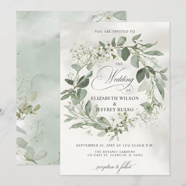 Elegant Calligraphy Greenery Eucalyptus Bröllop Inbjudningar (Fram/baksida)