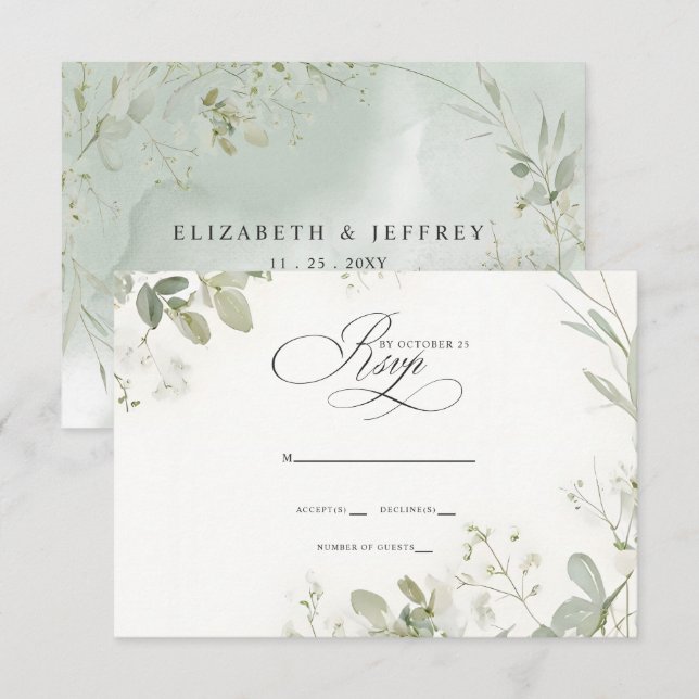Elegant Calligraphy Greenery Eucalyptus Bröllop OSA Kort (Fram/baksida)