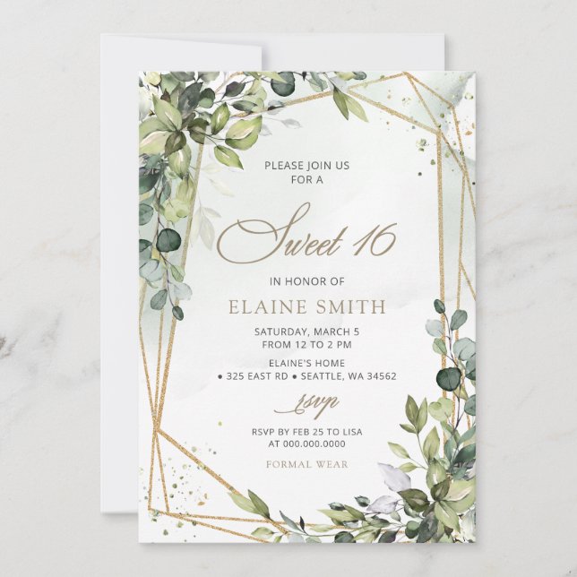 Elegant Calligraphy Greenery Eucalyptus Sweet 16 Inbjudningar (Framsida)