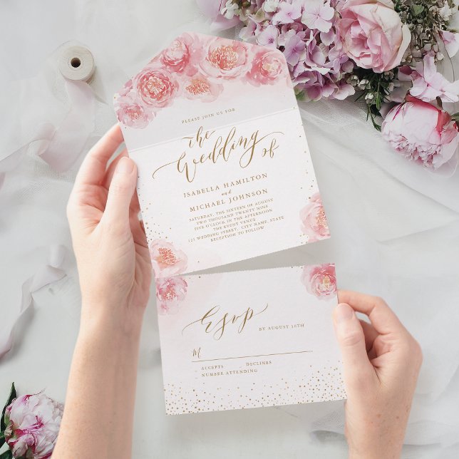 Elegant calligraphy guld &  blommigt bröllop (Elegant calligraphy gold & blush floral wedding all in one invitation)