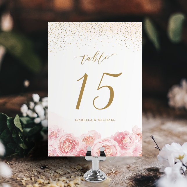 Elegant calligraphy guld &  blommigt bröllop bordsnummer (Elegant calligraphy gold & blush floral wedding table number)