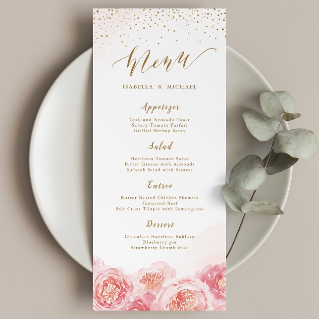 Elegant calligraphy guld &  blommigt bröllop meny (Elegant calligraphy gold & blush floral wedding menu)