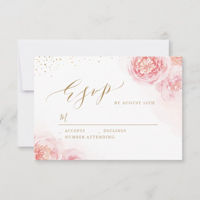 Elegant calligraphy guld &  blommigt bröllop OSA kort (Framsida)