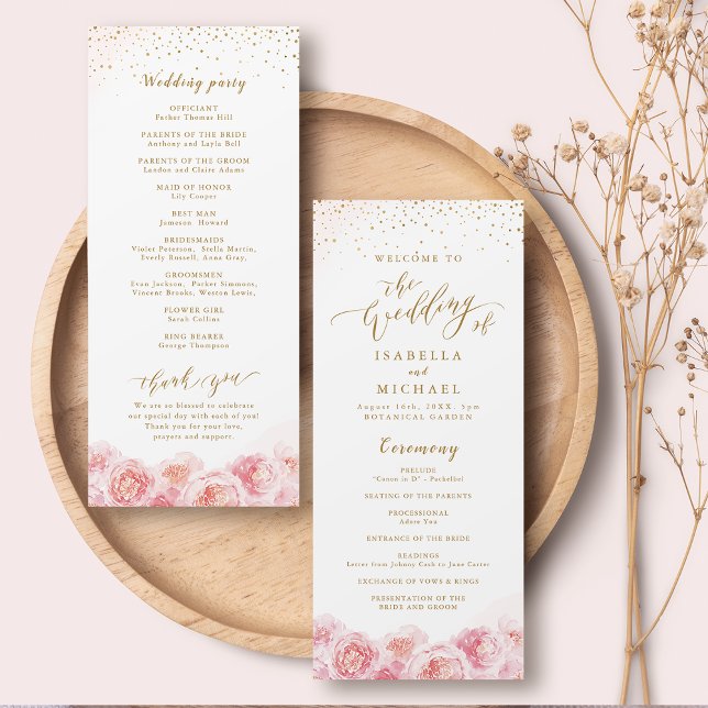 Elegant calligraphy guld &  blommigt bröllop program (Elegant calligraphy gold & blush floral wedding program)