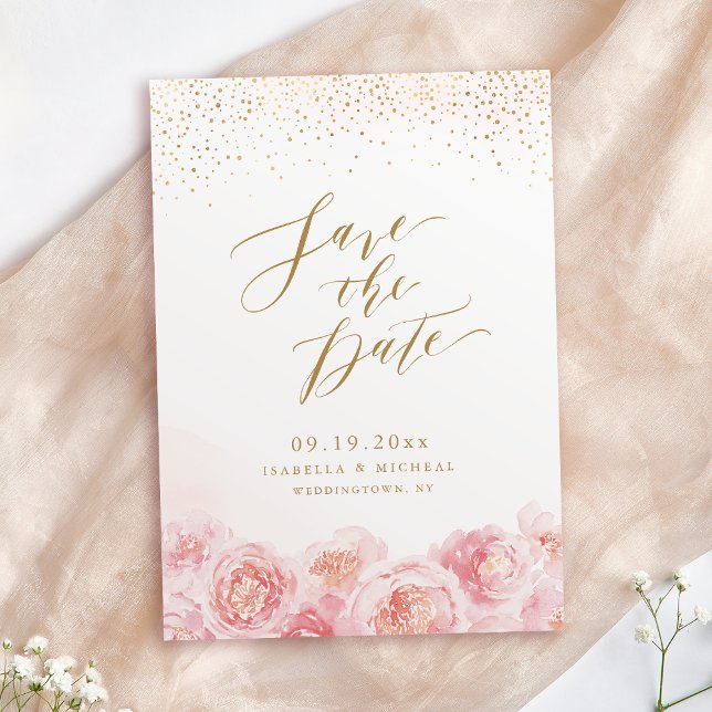 Elegant calligraphy guld &  blommigt bröllop spara datumet (Elegant calligraphy gold & blush floral wedding save the date)