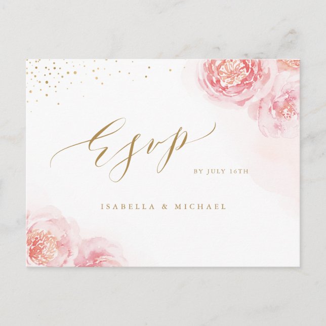 Elegant calligraphy guld &  blommigt OSA Inbjudan Vykort (Framsida)