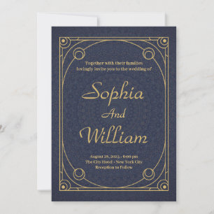 Elegant Calligraphy Guld och Navy Blue Bröllop Inbjudningar